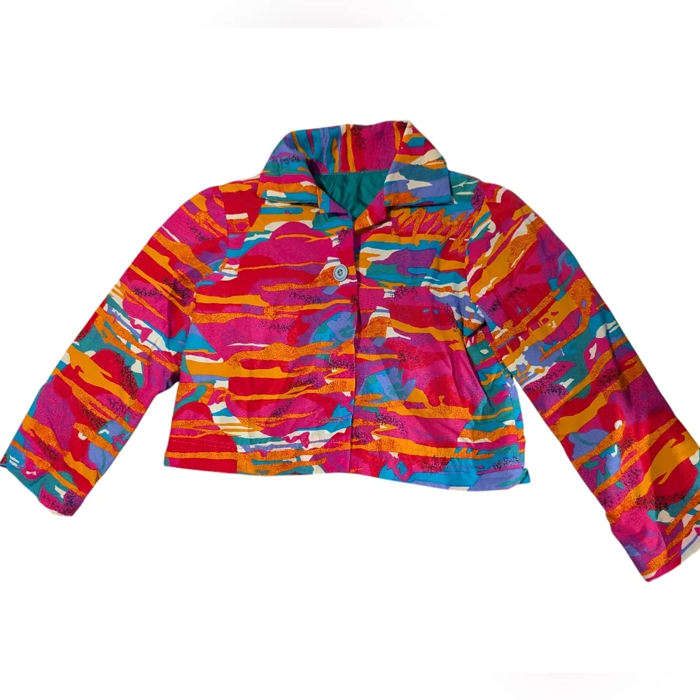 80s 90s Vintage Vibrant Abstract Multicolor Cropped Kids Jacket Neon‎
